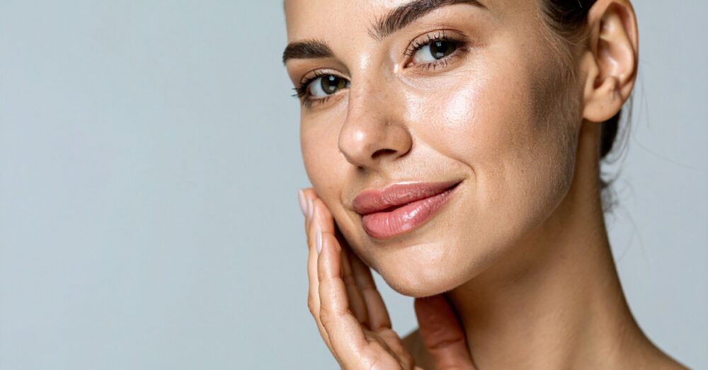 A close-up portrait of a woman with smooth, hydrated skin resting her hand gently against her lower cheek and jawline against a light gray background