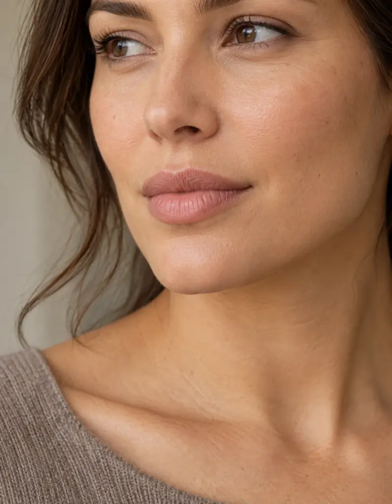 Profile of a woman with softly defined, natural-looking lips