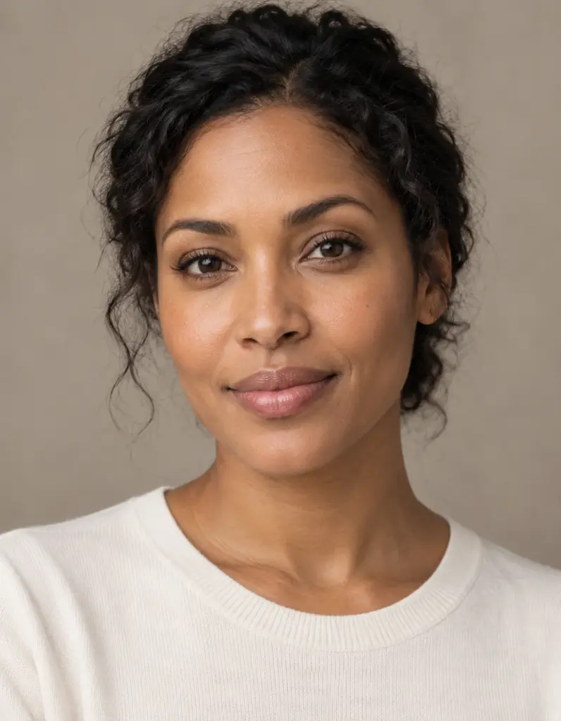 Portrait of a woman with curly dark hair in a cream sweater