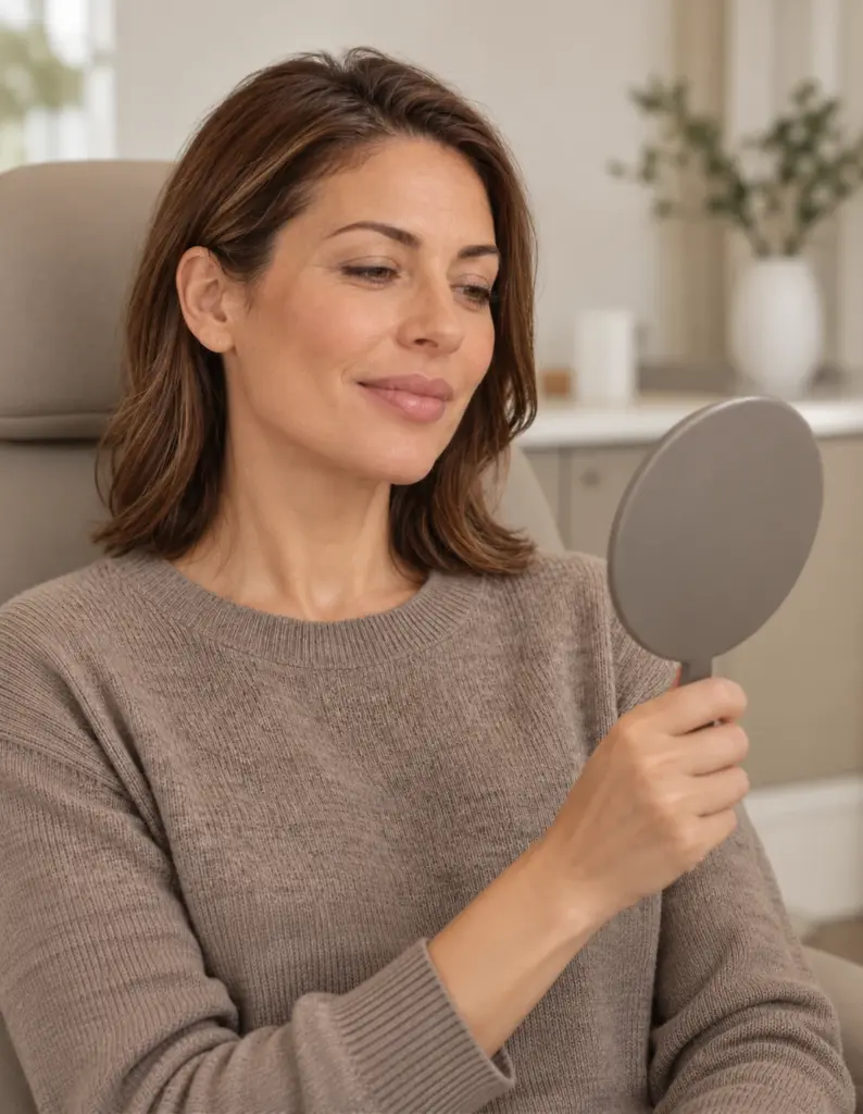 Woman in a taupe sweater checking her reflection in a hand mirror