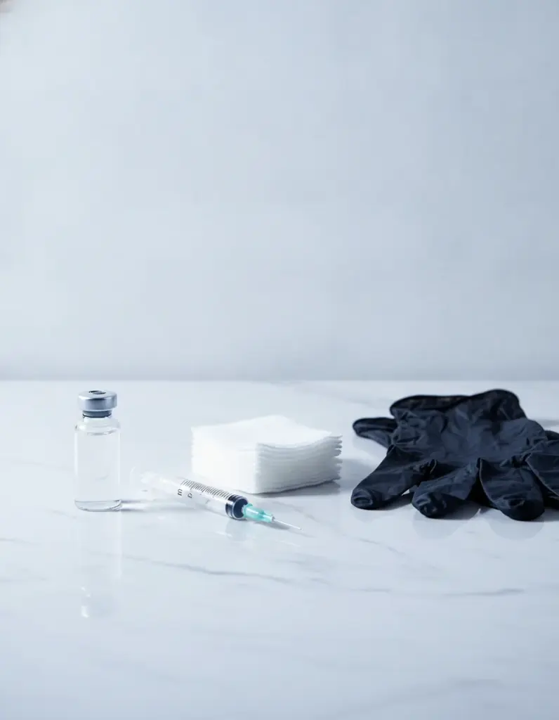 Vial, syringe, gauze and gloves on a marble surface